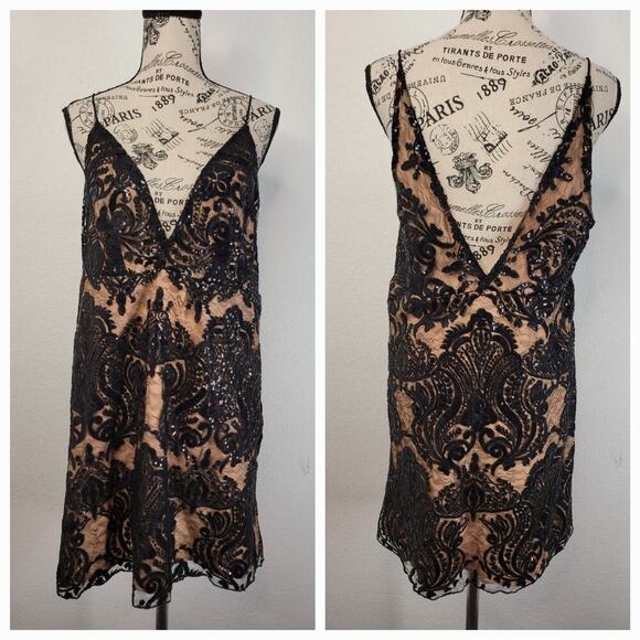 New Free People Mini Dress SZ 12 Night Shimmers Black Goingout Illusion Sequins - Picture 2 of 11